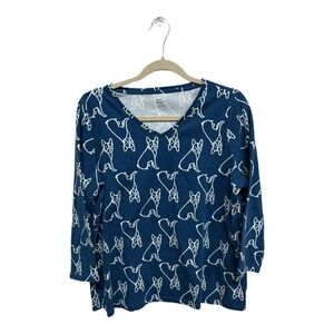 Kim Rogers Dog Frenchie 3/4 Sleeve 100% Cotton Blue Shirt Dog Lover Preppy XL